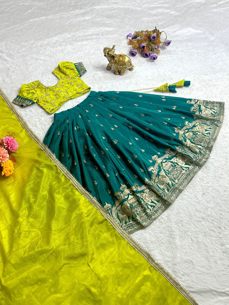 Elegant  Traditional Green & Teal Soft Chinnon Silk Kids Lehanga Suit 