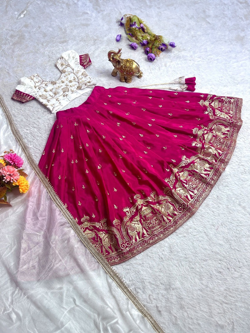 Elegant White and Rani Pink Soft Chinnon Silk Kids Lehanga Suit