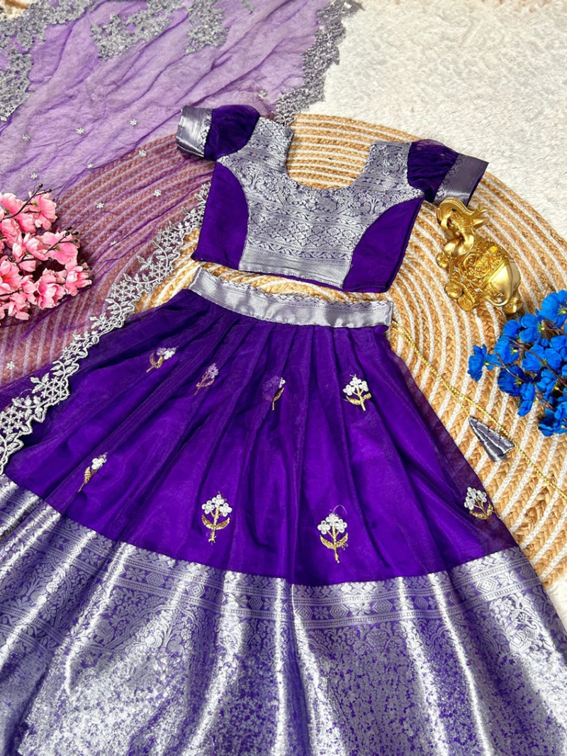 Elegant Traditional  Purple and Silver Dyeable Organza Kids Lehanga Suit