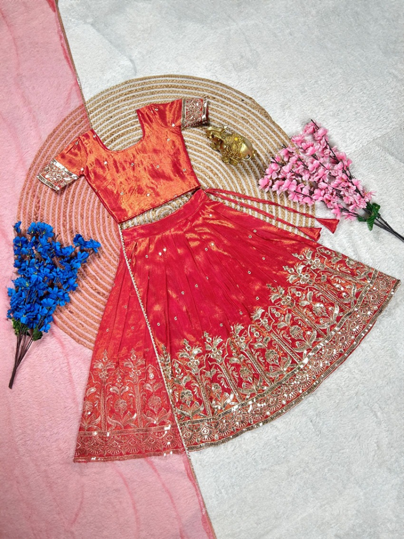 Elegant Festive Red Tissue Gold Kids Lehanga Suit