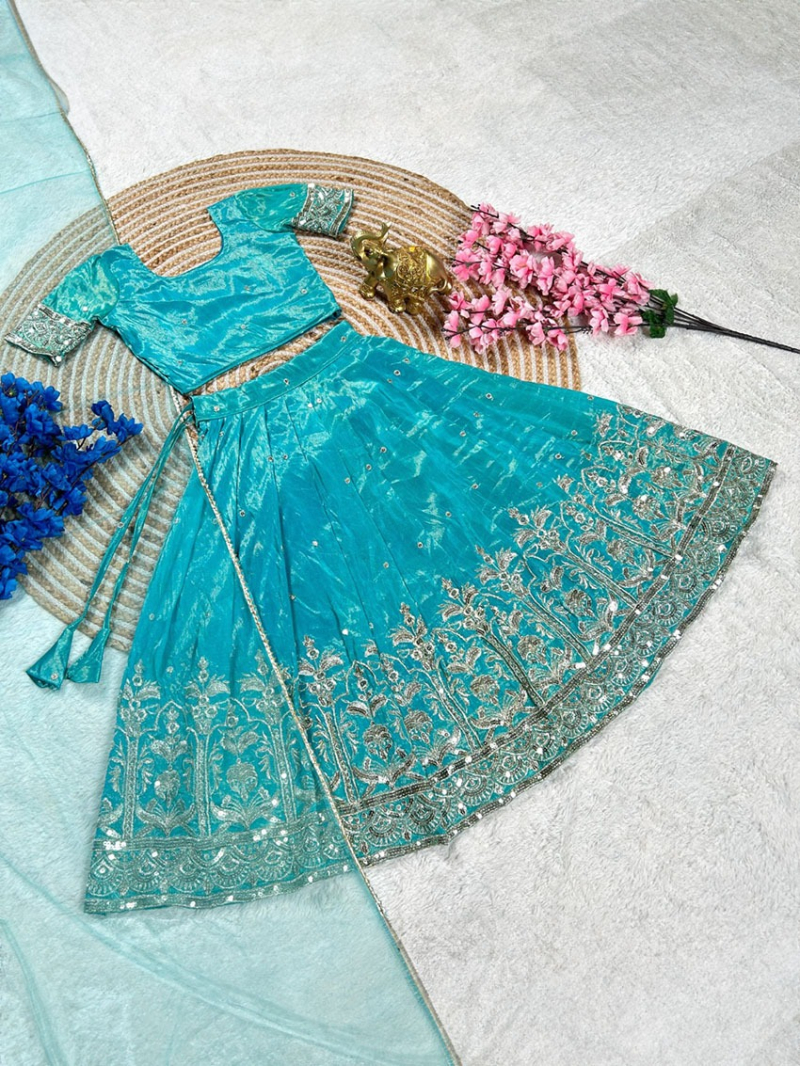 Elegant Traditional Aqua Blue Tissue Gold Kids Lehanga Suit