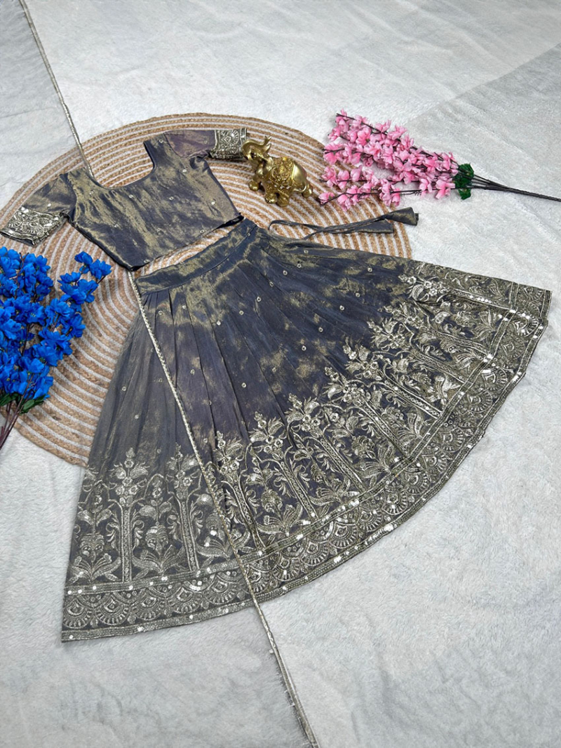 Elegant Traditional Grey Tissue Gold Kids Lehanga Suit