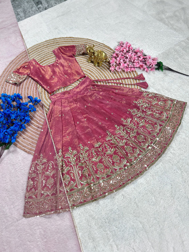 Elegant Ethnic Onion Pink Tissue Gold Kids Lehanga Suit