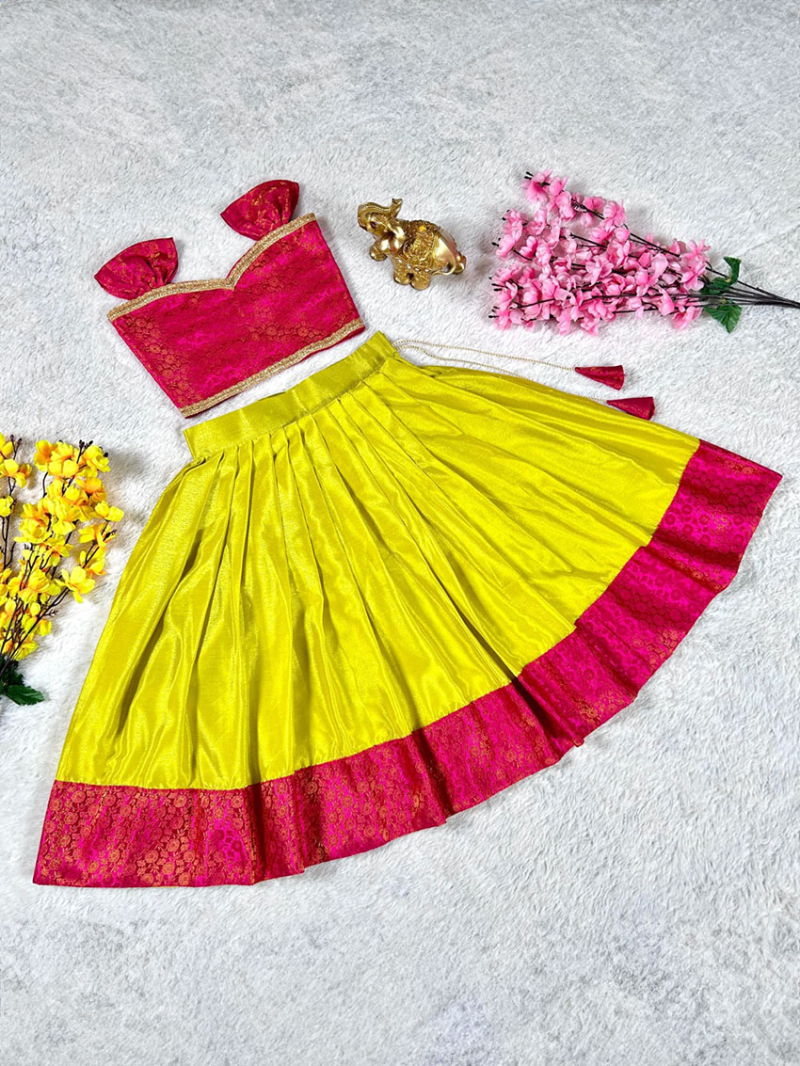 Ethnic Traditional Yellow and Magenta Viscose Chinnon Kids Lehanga Suit