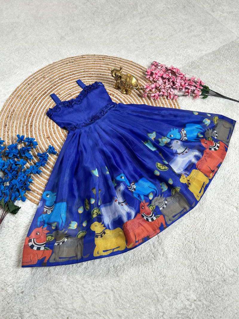 Elegant Traditional Royal Blue  Printed Kids Kota Checks Gown