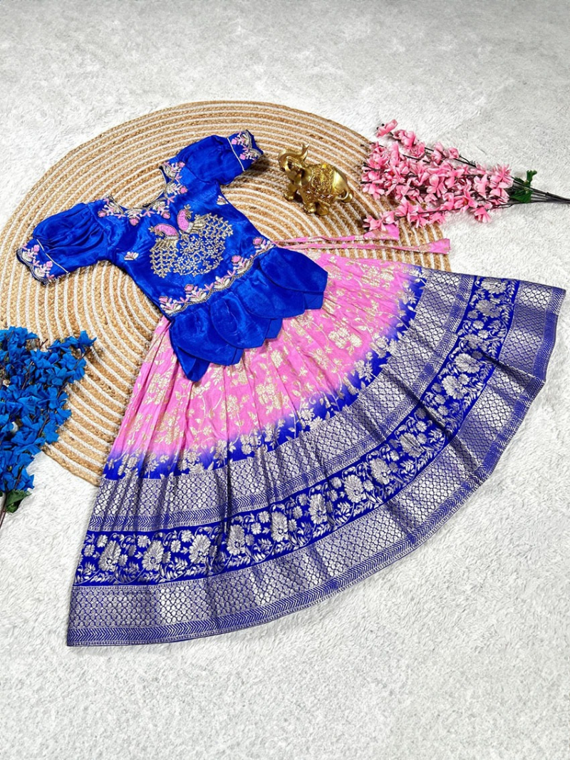 Elegant Traditional Royal Blue &  Pink Dola Silk Kids Lehanga Suit