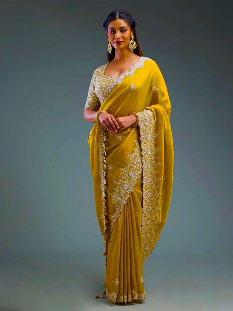 Elegant Traditional Mustard yellow Organza Saree