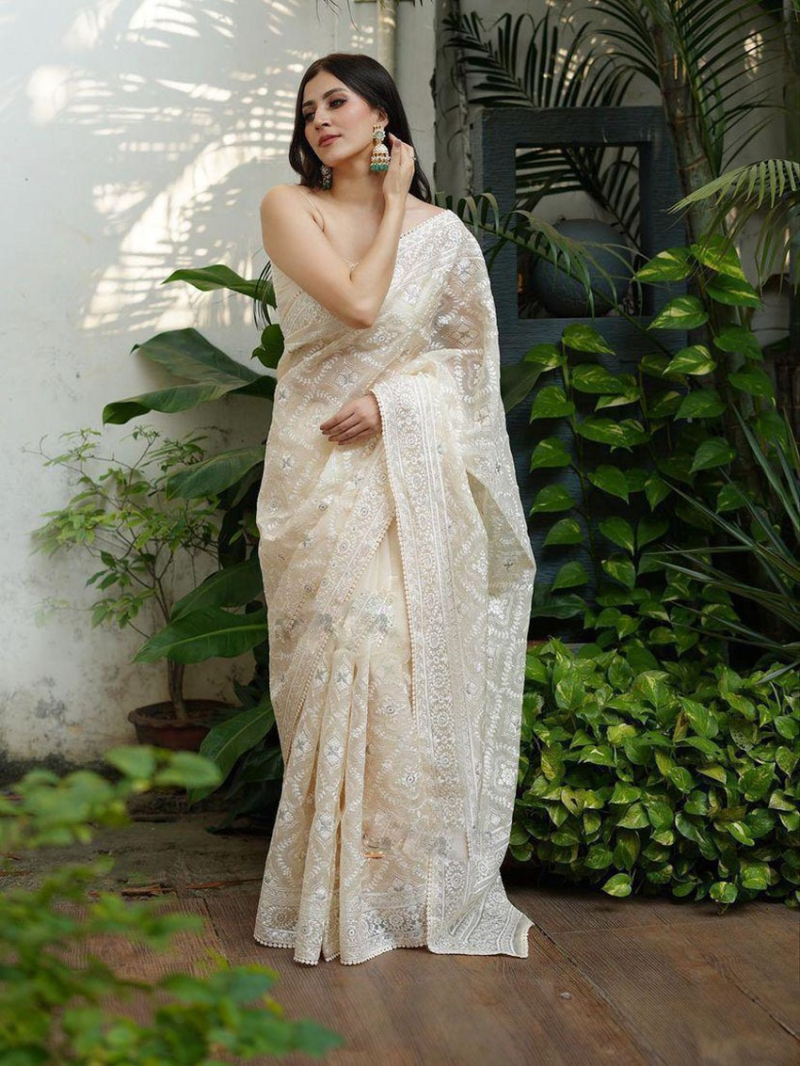 Elegant Ethnic Off White Lucknowi Embroidered Silk Organza Saree