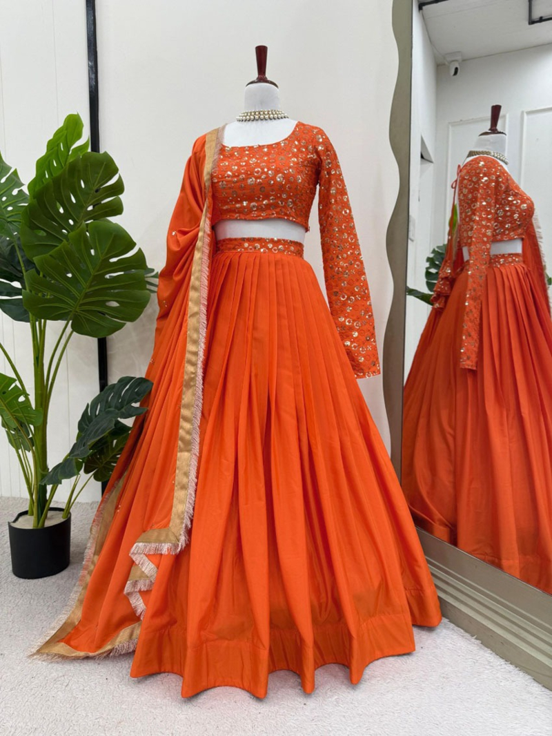 Ethnic Traditional Vibrant Orange American Silk Lehanga Suit