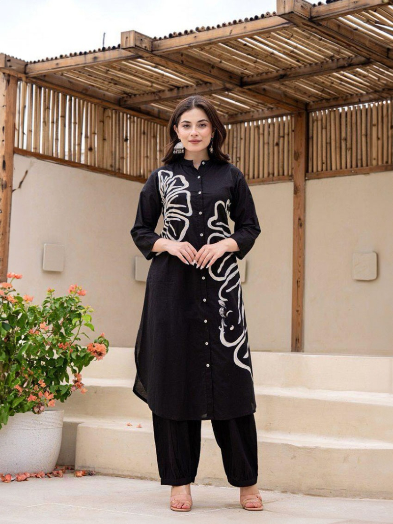 Elegant Ethnic Festive Black Cotton kurta Pant Set