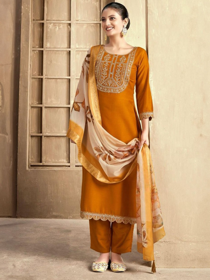 Elegant Traditional Mustard Muslin Silk Straight Suit