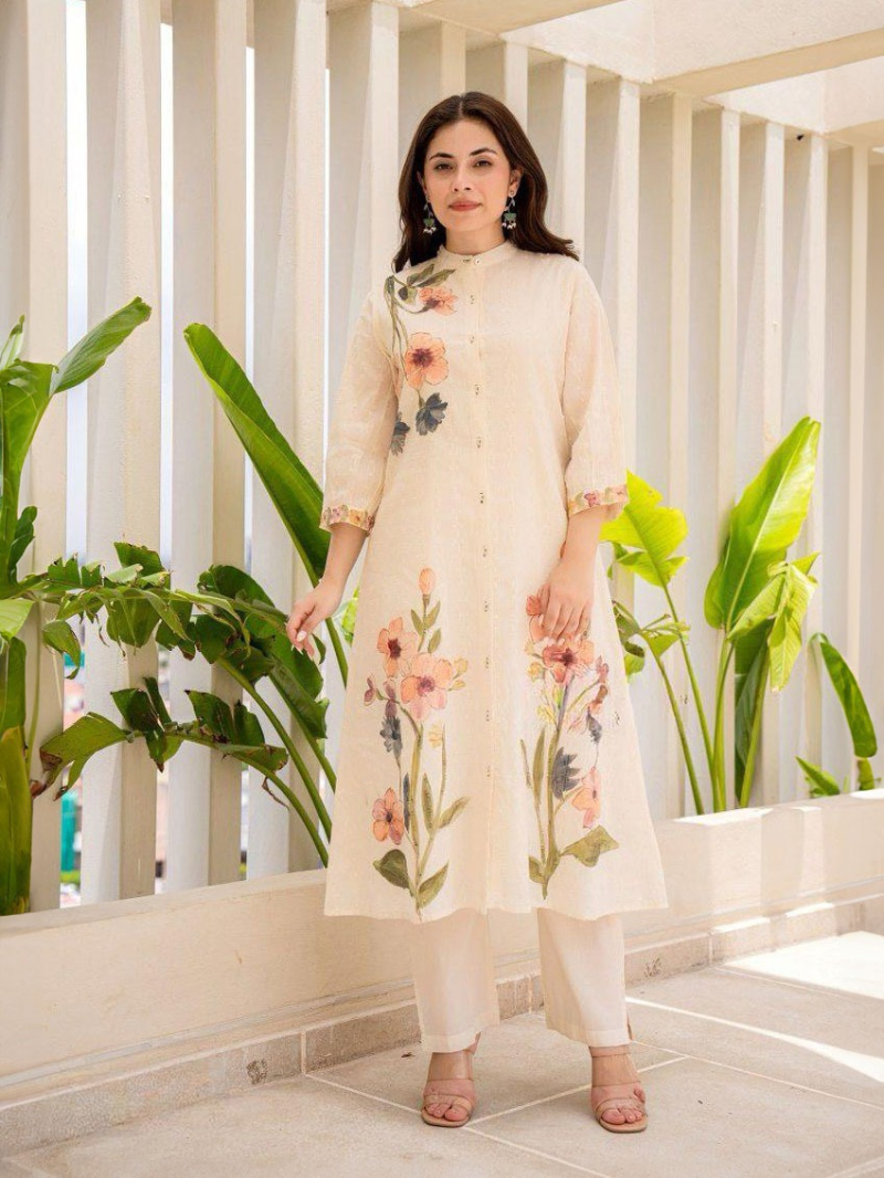 Elegant Casual Festive Soft Ivory Kurta Pant Suit
