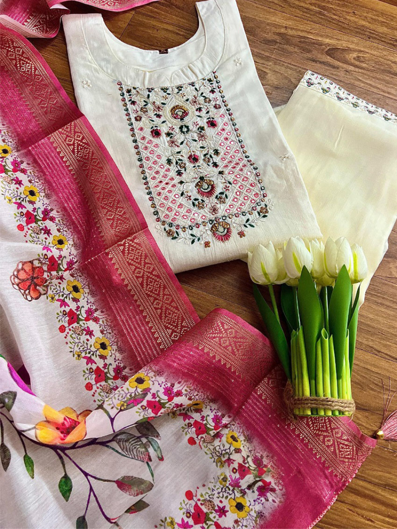 Elegant Traditional Ivory White Viscose  Straight Suit