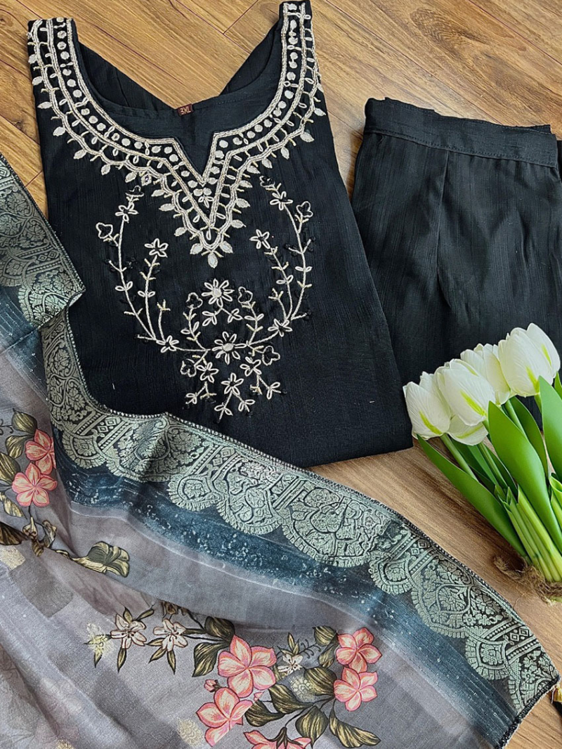 Traditional Ethnic Black Roman Silk Straight Suit