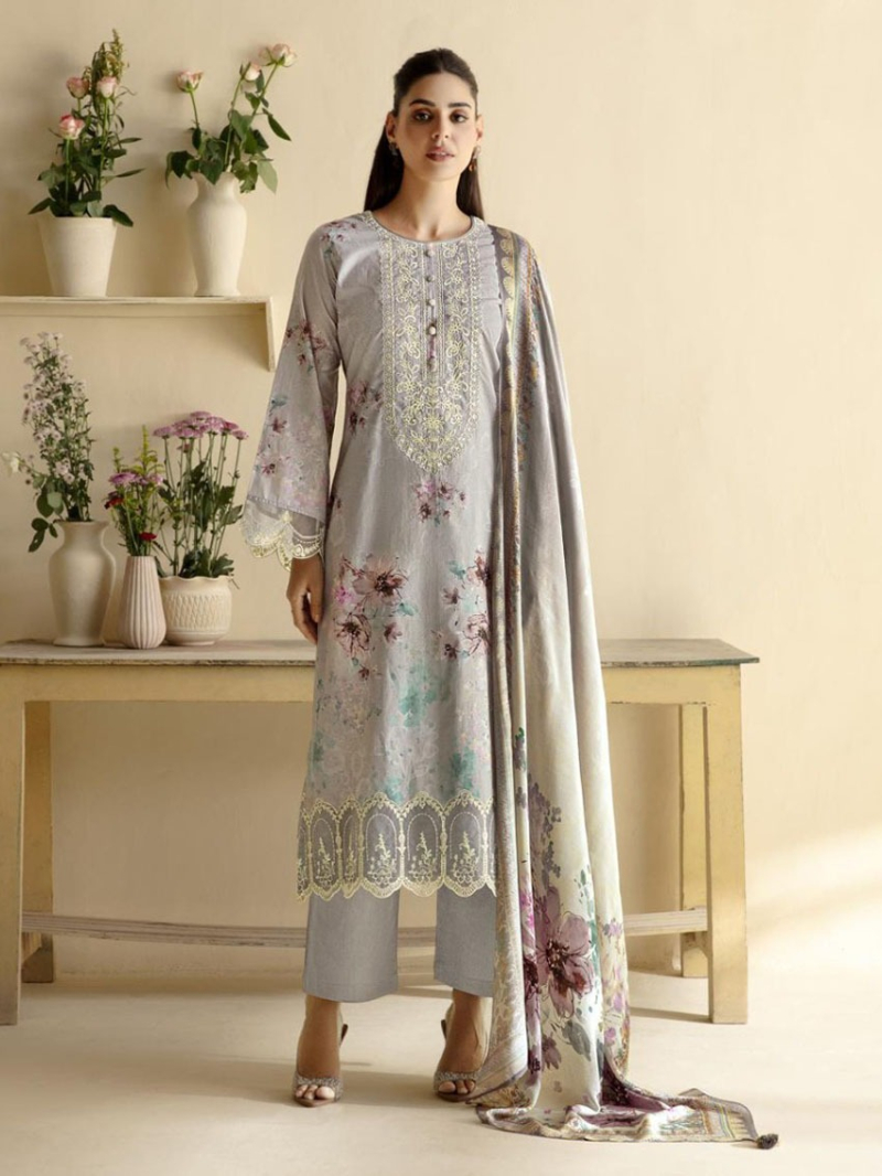 Elegant Traditional Grey Lawn Floral Embroidered Straight Suit