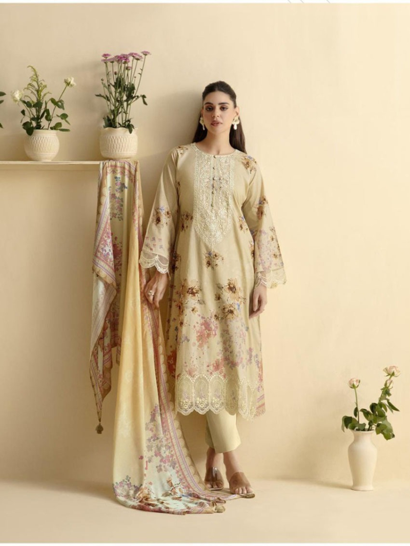 Ethnic Traditional Pastel Yellow Lawn Floral Embroidered Straight Suit