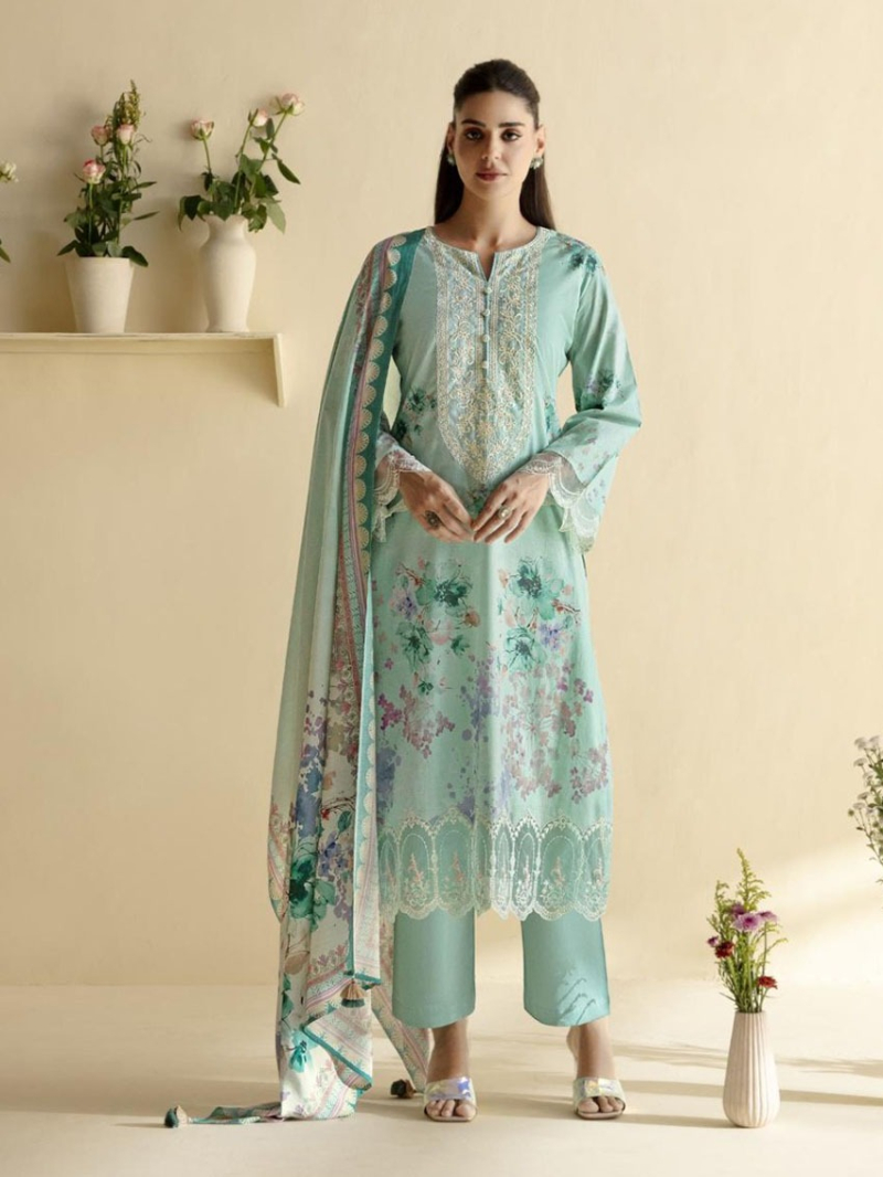 Ethnic Festive Aqua Green  Lawn Floral Embroidered Straight Suit