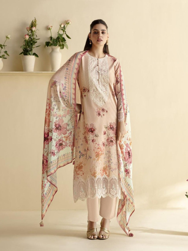 Elegant Traditional Blush Pink Lawn Floral Embroidered Straight Suit