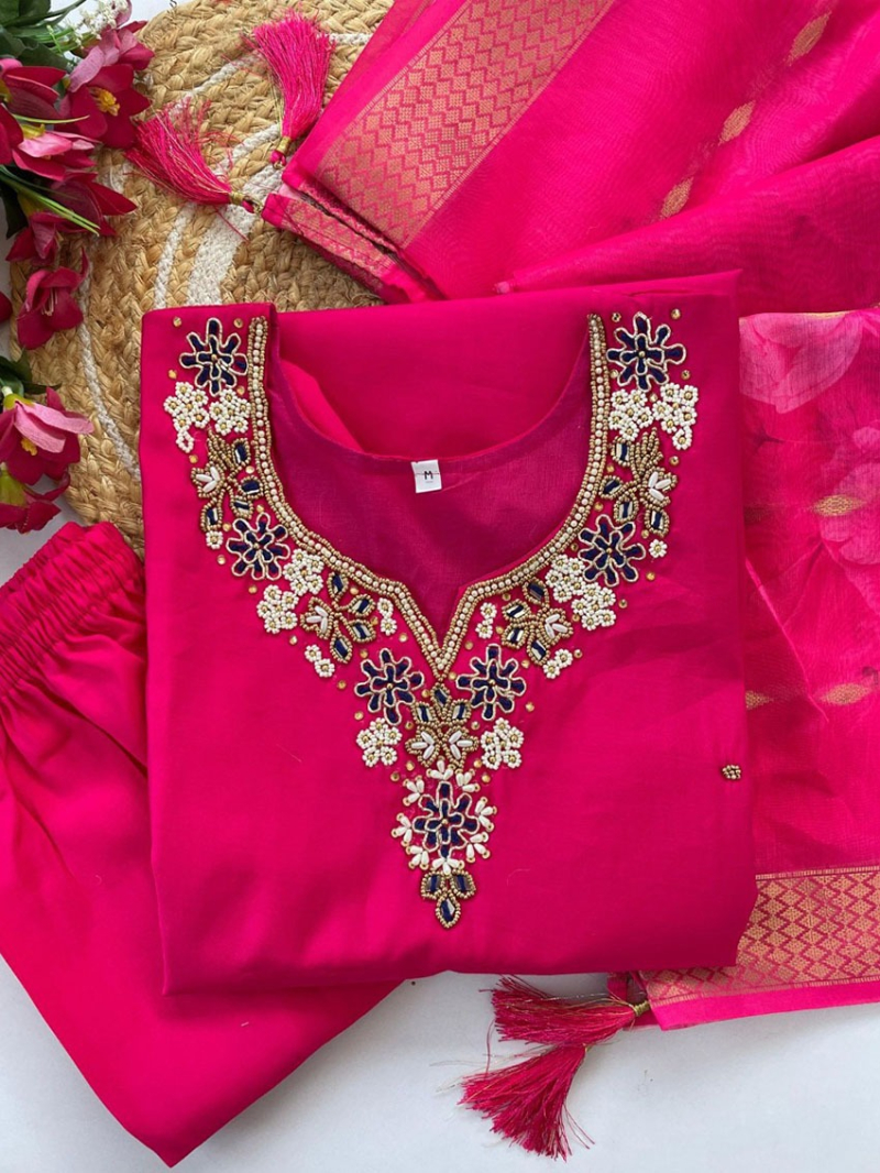 Ethnic Traditional Rani Pink Roman Silk Straight Suit