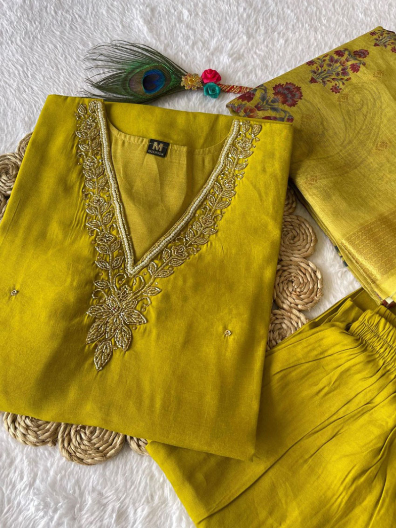 Elegant Festive Mustard Yellow Roman Silk Straight Suit
