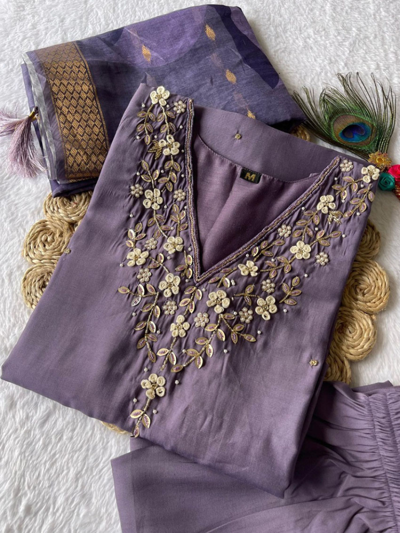 Ethnic Traditional Lavender Roman Silk Straight Suit