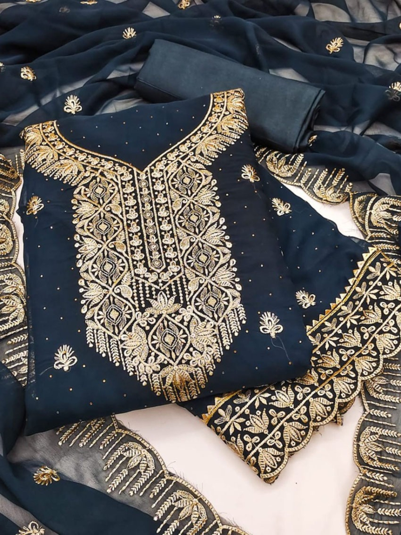 Elegant Traditional Navy Blue Georgette Straight Suit