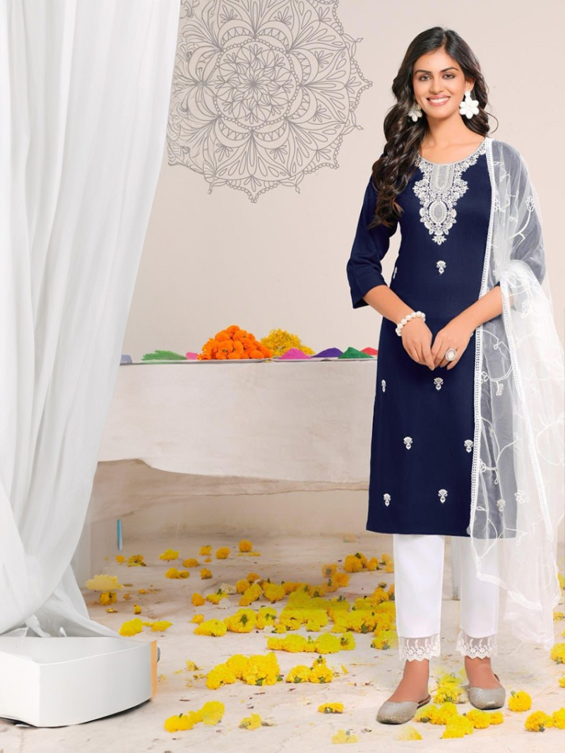 Ethnic Festive Navy Blue Rayon Straight Suit