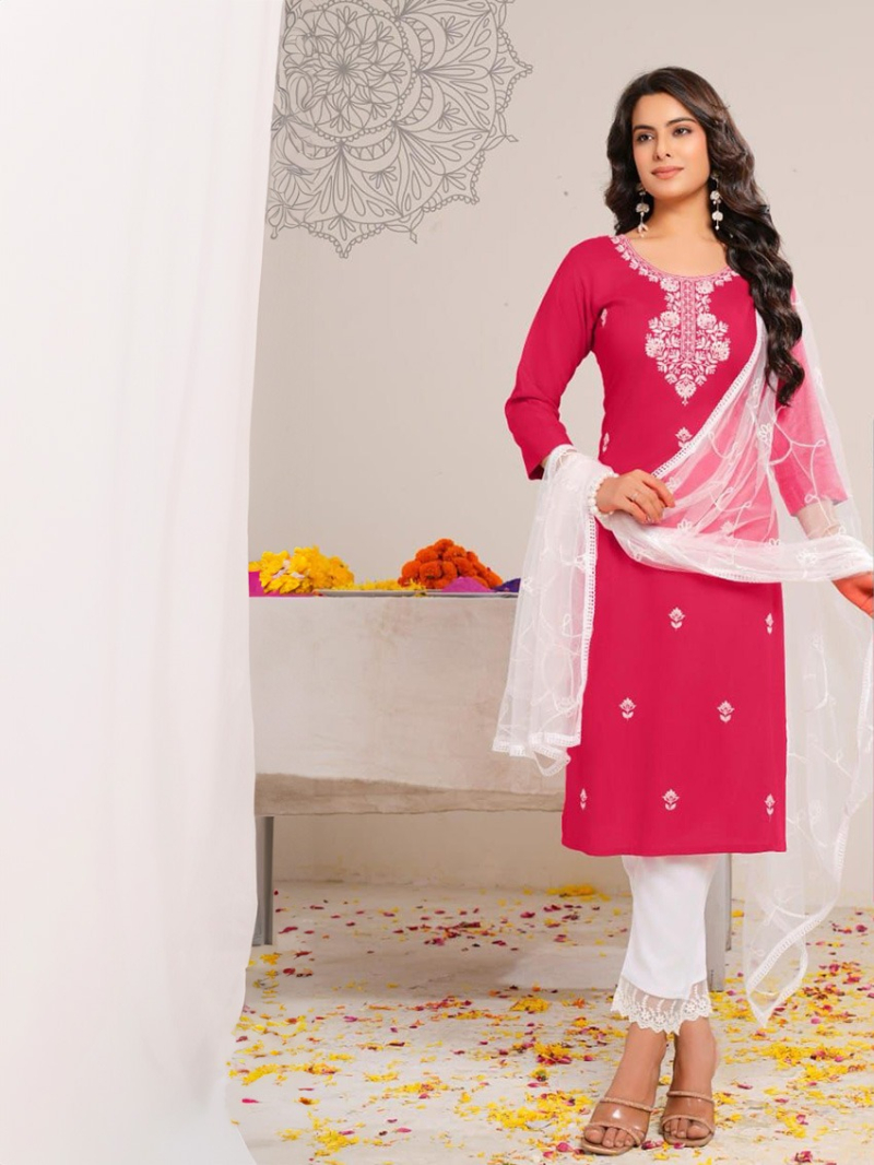 Elegant Festive Rani Pink Rayon Straight Suit