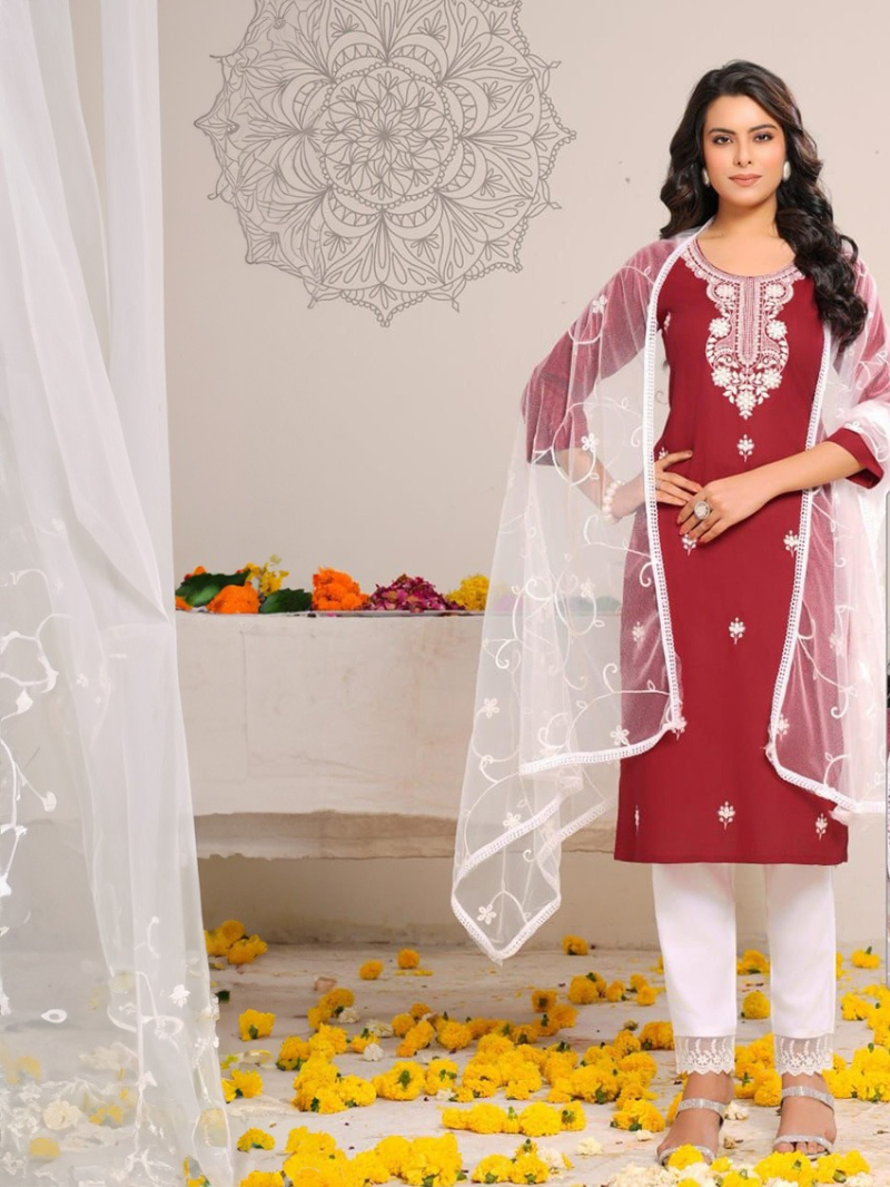 Elegant Traditional Maroon Rayon Straight Suit