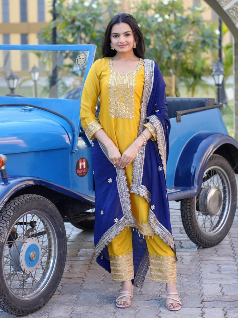 Elegant Traditional Yellow & Navy Blue Straight Pant Suit