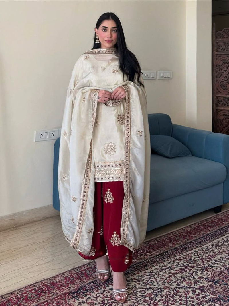 Ethnic Cream & Maroon Embroidered Chinnon Silk Suit 
