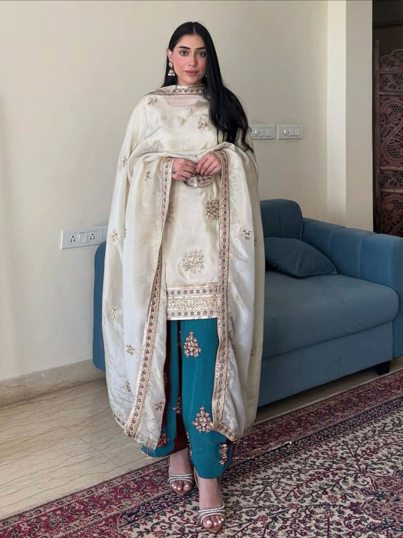 Ethnic Traditional Cream & Teal Blue Embroidered Chinnon Silk Suit