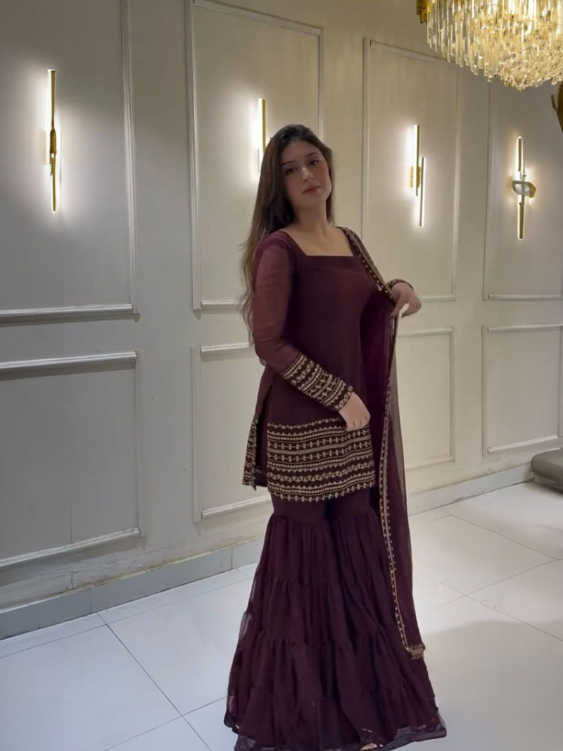 Elegant Festive Deep Wine  Georgette Sharara Suit