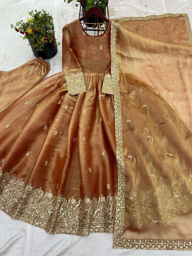 Elegant Golden Brown Burberry Silk Embroidered Anarkali Suit