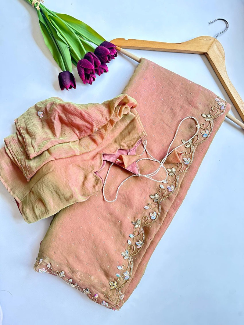Ethnic Festival Peach Hand worked Chiffon Saree