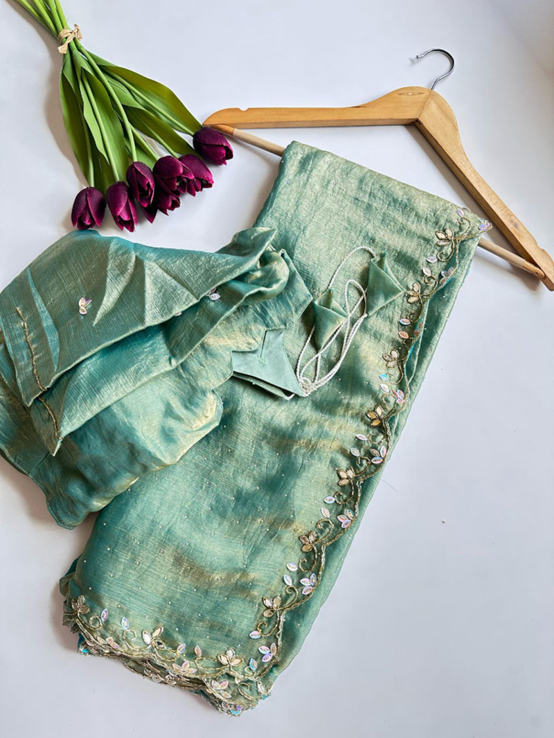 Ethnic Festive Traditional Pastel Green Hand worked Chiffon Saree