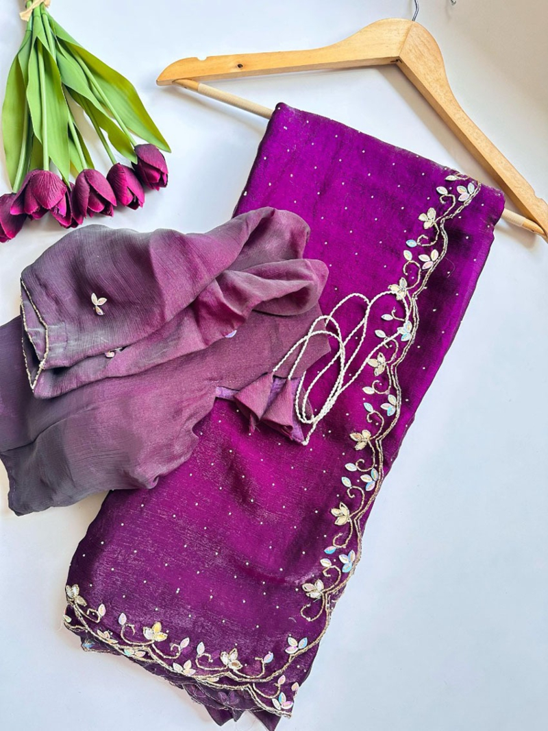 Ethnic Festive Traditional Deep Purple Hand worked Chiffon Saree