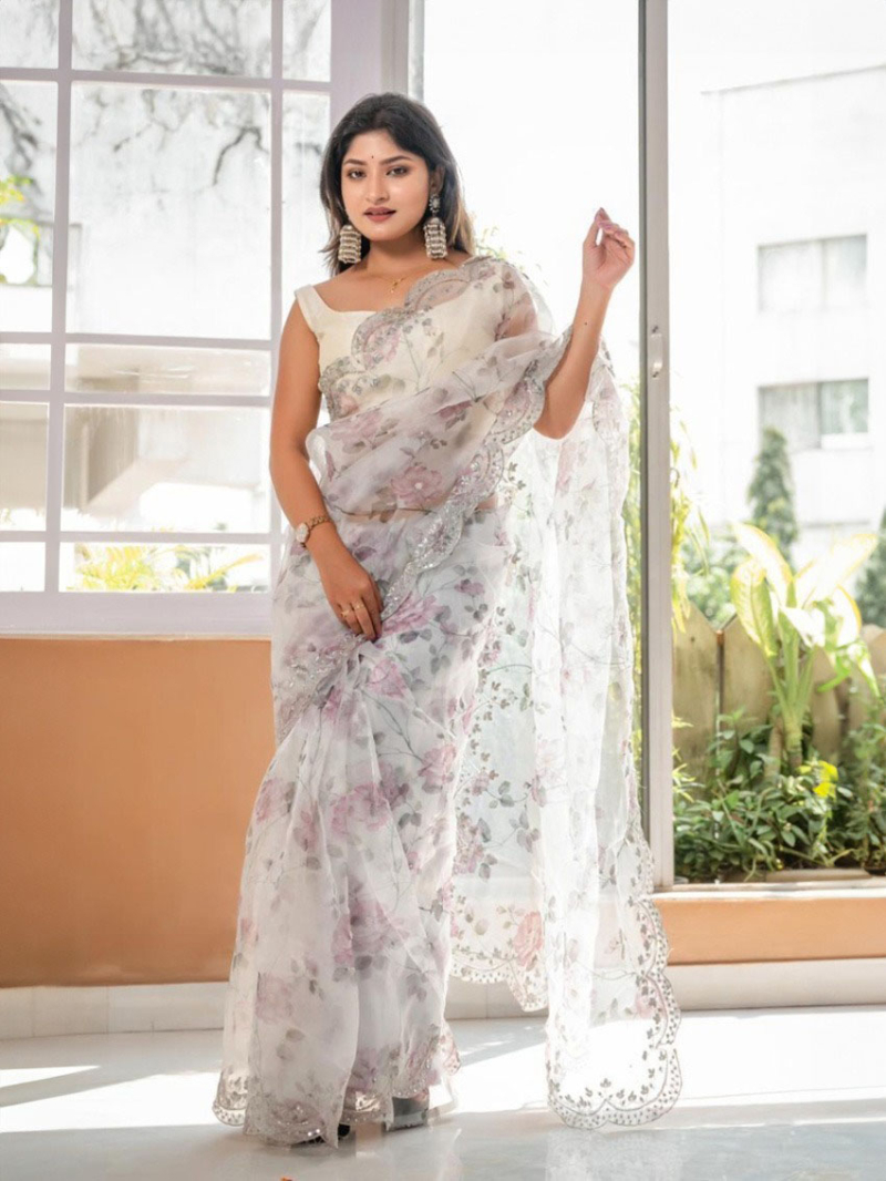 Ethnic Festive Traditional White Floral Pure Organza Saree