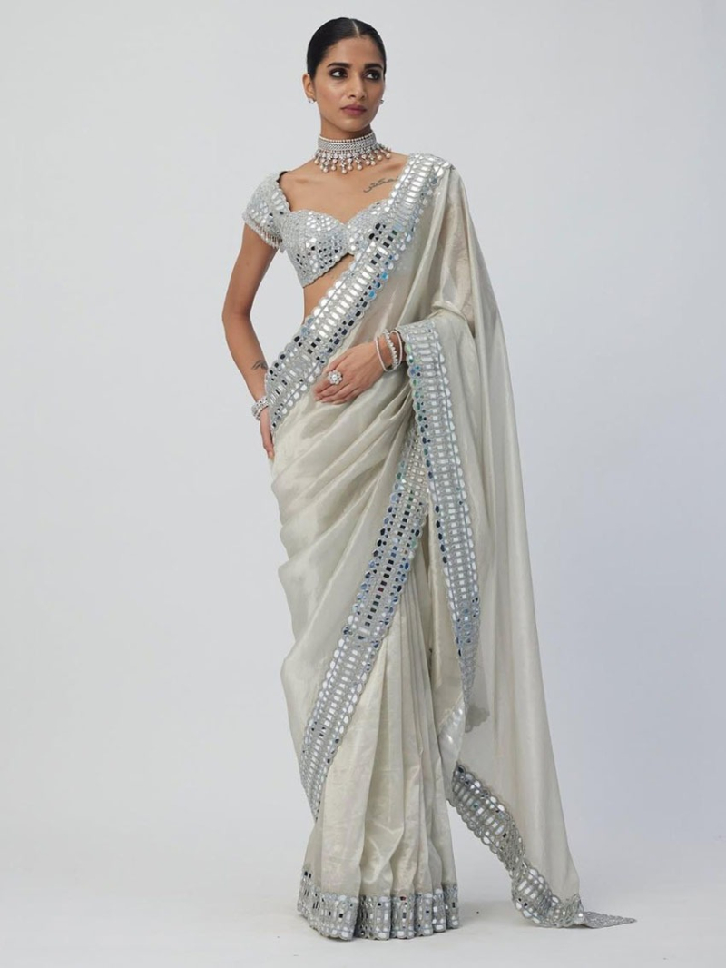 Ethnic Festival Traditional Pearl White Soft Satin Organza Saree
