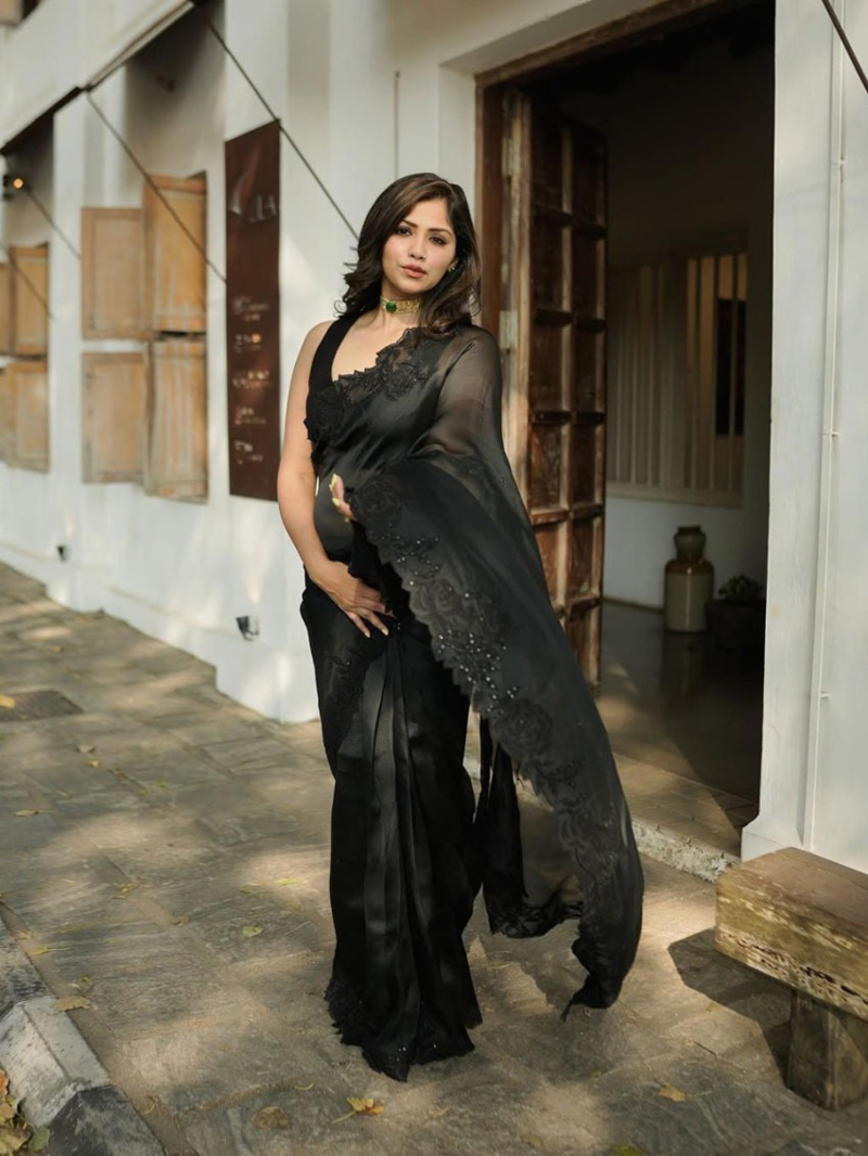 Authentic Festive Traditional  Black Soft Organza Silk Saree 