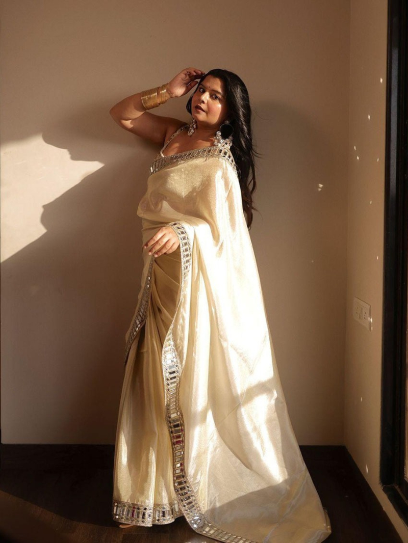 Elegant Traditional  Ivory Satin Organza Saree 