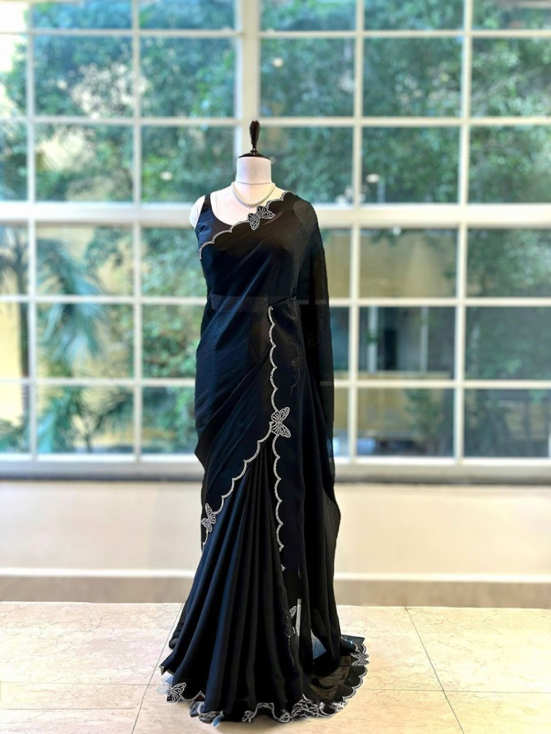 Ethnic Festive Elegant Black Shimmer Organza Silk Saree 
