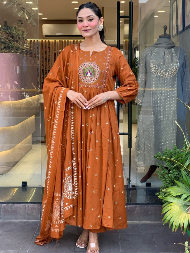 Elegant Festive Orange  Mal Cotton Pleated Anarkali Suit