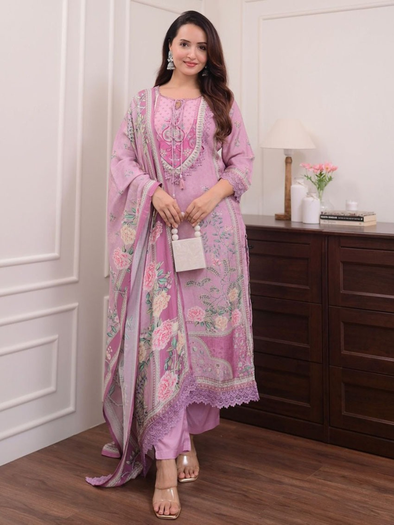 Elegant Festive Traditional Lilac  Soft Muslin Straight Style Suit 