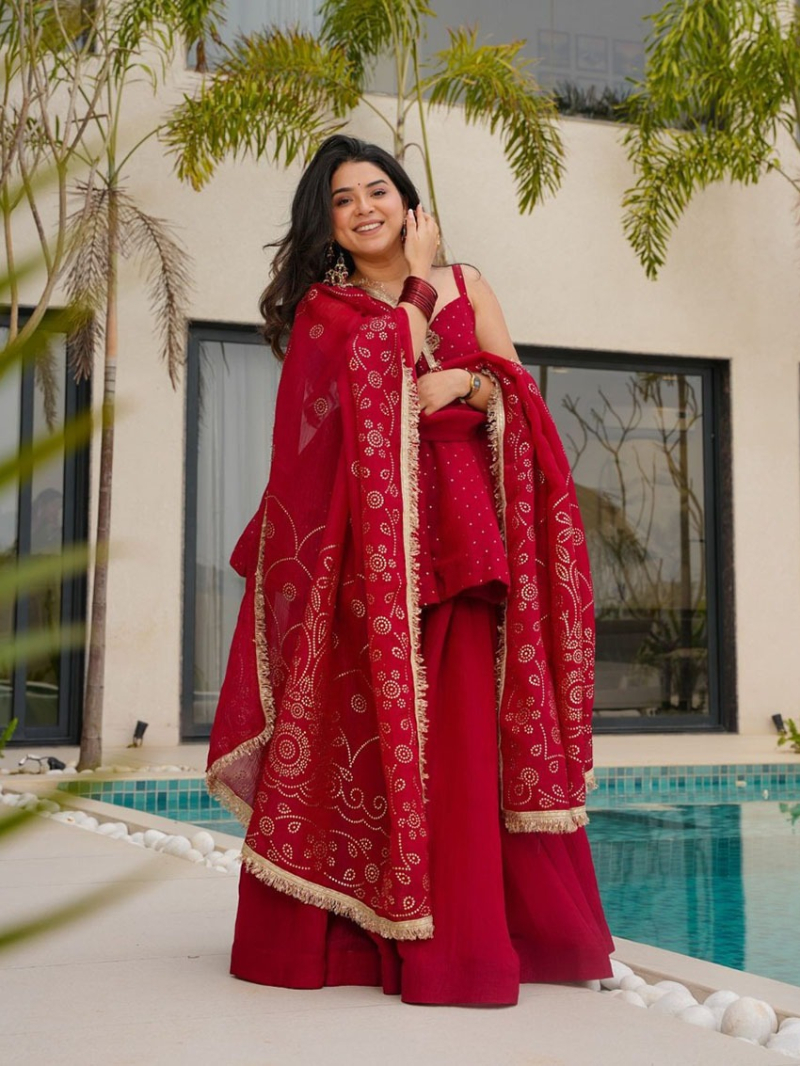 Elegant Festive Cherry Red Tabby Organza Mukesh Work Plazo Suit