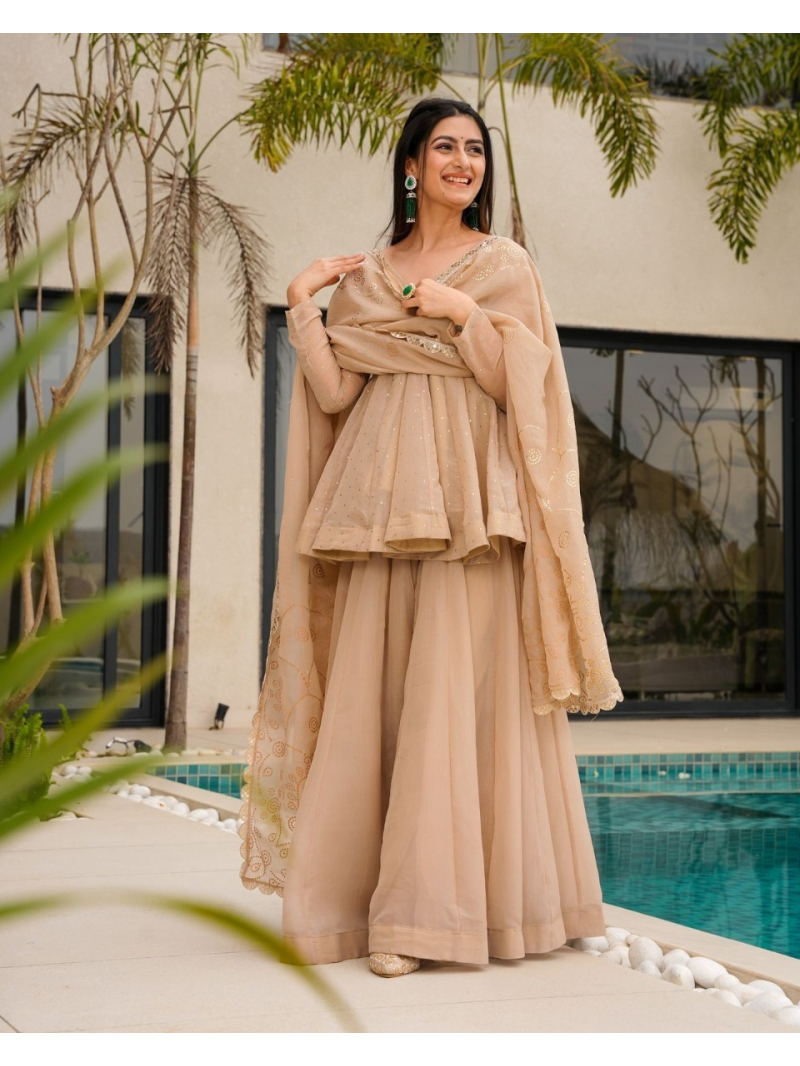 Elegant Festive Graceful Beige Tabby Organza Mukesh Work Plazo Suit