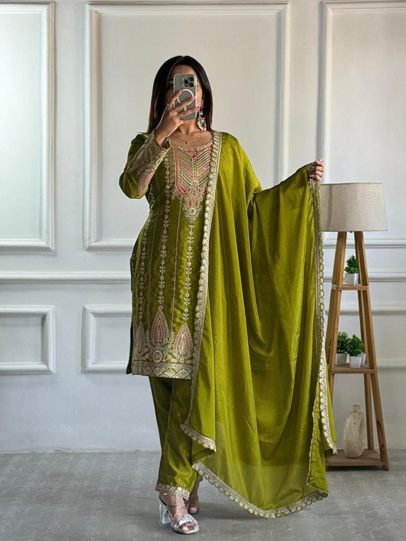 Elegant Ethnic Olive Green  Chinnon Silk Embroidered Straight Suit
