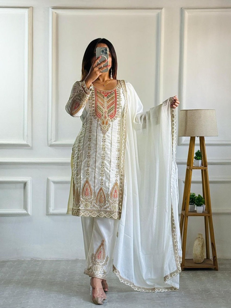 Elegant Festive  Off-White Chinnon Silk Embroidered Straight Suit 