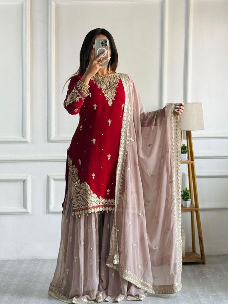 Ethnic Elegant Maroon and Mauve Faux  Georgette Sharara Suit 