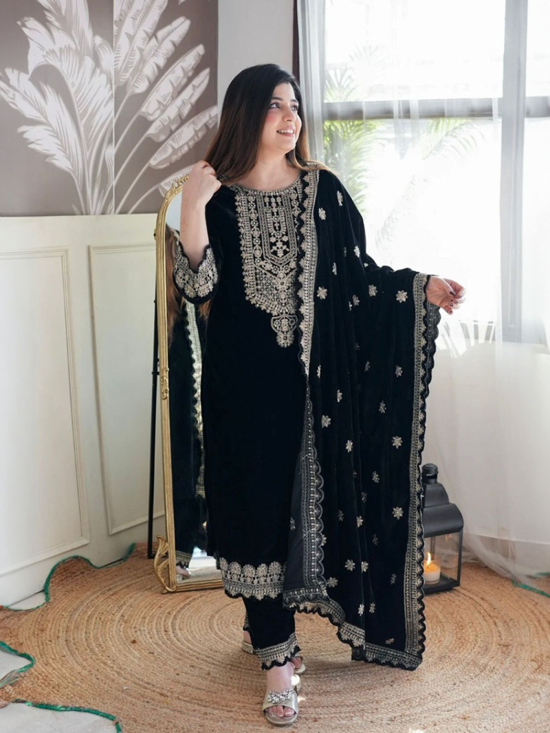 Authentic Elegant Black Velvet Viscose Embroidered Straight Suit